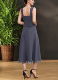 Ashtyn A-Line Square Neckline Tea-Length Chiffon Lace Mother of the Bride Dress With Beading UKP0014601