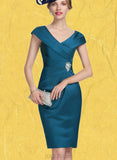 Anahi Sheath/Column V-neck Knee-Length Satin Mother of the Bride Dress With Ruffle Beading UKP0014631