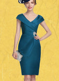 Anahi Sheath/Column V-neck Knee-Length Satin Mother of the Bride Dress With Ruffle Beading UKP0014631