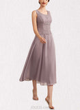 Nylah A-Line Scoop Neck Tea-Length Chiffon Lace Mother of the Bride Dress UKP0014633