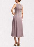 Nylah A-Line Scoop Neck Tea-Length Chiffon Lace Mother of the Bride Dress UKP0014633