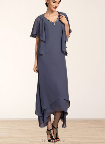 Ellie A-line V-Neck Ankle-Length Chiffon Mother of the Bride Dress With Beading UKP0014655