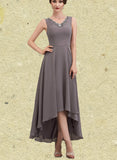 Jaylen A-line V-Neck Asymmetrical Chiffon Mother of the Bride Dress With Beading Sequins UKP0014656