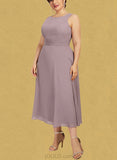 Emily A-Line Scoop Neck Tea-Length Chiffon Mother of the Bride Dress With Ruffle UKP0014679