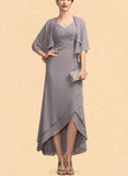 Jazlynn A-Line V-neck Asymmetrical Chiffon Mother of the Bride Dress With Ruffle UKP0014682