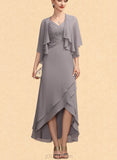 Jazlynn A-Line V-neck Asymmetrical Chiffon Mother of the Bride Dress With Ruffle UKP0014682