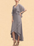 Jazlynn A-Line V-neck Asymmetrical Chiffon Mother of the Bride Dress With Ruffle UKP0014682