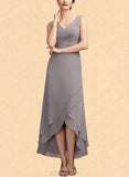 Jazlynn A-Line V-neck Asymmetrical Chiffon Mother of the Bride Dress With Ruffle UKP0014682