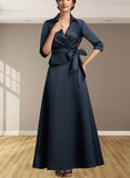 Lucile A-Line V-neck Ankle-Length Satin Mother of the Bride Dress With Bow(s) UKP0014683