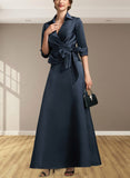 Lucile A-Line V-neck Ankle-Length Satin Mother of the Bride Dress With Bow(s) UKP0014683