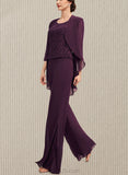 Fatima Jumpsuit/Pantsuit Scoop Neck Floor-Length Chiffon Lace Mother of the Bride Dress UKP0014722