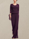 Fatima Jumpsuit/Pantsuit Scoop Neck Floor-Length Chiffon Lace Mother of the Bride Dress UKP0014722