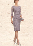 Carly Sheath/Column Scoop Neck Knee-Length Satin Lace Mother of the Bride Dress With Beading Bow(s) UKP0014727