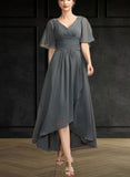 Alisson A-Line V-neck Asymmetrical Chiffon Mother of the Bride Dress With Ruffle Beading UKP0014744