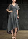 Alisson A-Line V-neck Asymmetrical Chiffon Mother of the Bride Dress With Ruffle Beading UKP0014744