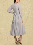 India A-Line Scoop Neck Tea-Length Chiffon Mother of the Bride Dress With Bow(s) UKP0014779