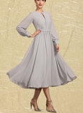 India A-Line Scoop Neck Tea-Length Chiffon Mother of the Bride Dress With Bow(s) UKP0014779