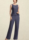 Jaylin Jumpsuit/Pantsuit Scoop Neck Floor-Length Chiffon Lace Mother of the Bride Dress With Sequins UKP0014805