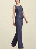 Jaylin Jumpsuit/Pantsuit Scoop Neck Floor-Length Chiffon Lace Mother of the Bride Dress With Sequins UKP0014805