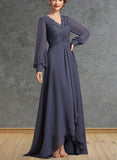 Macey A-Line V-neck Asymmetrical Chiffon Lace Mother of the Bride Dress UKP0014809