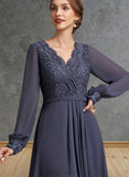 Macey A-Line V-neck Asymmetrical Chiffon Lace Mother of the Bride Dress UKP0014809