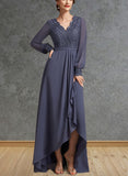 Macey A-Line V-neck Asymmetrical Chiffon Lace Mother of the Bride Dress UKP0014809