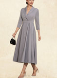 Emilee A-Line V-neck Tea-Length Stretch Crepe Mother of the Bride Dress UKP0014844