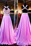 High Quality A-line Chiffon Halter Sleeveless Open Back Prom Dresses uk PG298