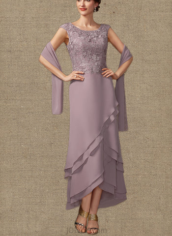 Erica A-Line Scoop Neck Asymmetrical Chiffon Lace Mother of the Bride Dress With Cascading Ruffles UKP0014850