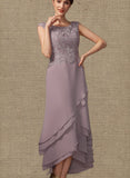 Erica A-Line Scoop Neck Asymmetrical Chiffon Lace Mother of the Bride Dress With Cascading Ruffles UKP0014850