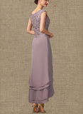 Erica A-Line Scoop Neck Asymmetrical Chiffon Lace Mother of the Bride Dress With Cascading Ruffles UKP0014850