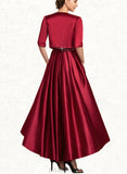 Tricia A-Line Scoop Neck Asymmetrical Satin Lace Mother of the Bride Dress With Ruffle Sequins Pockets UKP0014853