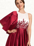 Tricia A-Line Scoop Neck Asymmetrical Satin Lace Mother of the Bride Dress With Ruffle Sequins Pockets UKP0014853