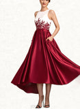 Tricia A-Line Scoop Neck Asymmetrical Satin Lace Mother of the Bride Dress With Ruffle Sequins Pockets UKP0014853