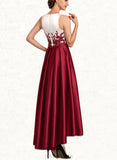 Tricia A-Line Scoop Neck Asymmetrical Satin Lace Mother of the Bride Dress With Ruffle Sequins Pockets UKP0014853