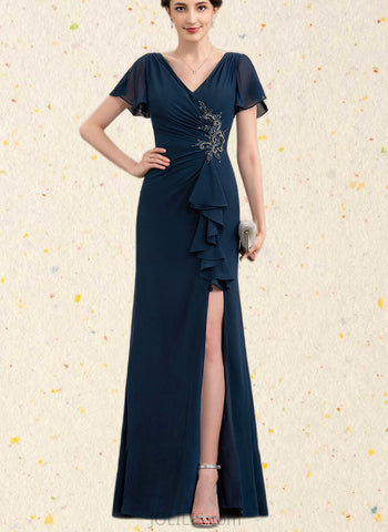 Nadia Sheath/Column V-neck Floor-Length Chiffon Mother of the Bride Dress With Beading Split Front Cascading Ruffles UKP0014868