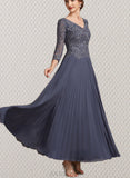 Mollie A-Line V-neck Ankle-Length Chiffon Lace Mother of the Bride Dress UKP0014899