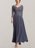 Mollie A-Line V-neck Ankle-Length Chiffon Lace Mother of the Bride Dress UKP0014899