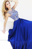 Prom Dresses A-Line Scoop Floor-Length Dark Royal Blue Chiffon Beaded Bodice