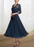 Alannah A-Line V-neck Tea-Length Chiffon Lace Mother of the Bride Dress UKP0014905