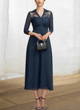 Alannah A-Line V-neck Tea-Length Chiffon Lace Mother of the Bride Dress UKP0014905