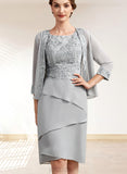 Claudia Sheath/Column Scoop Neck Asymmetrical Chiffon Lace Mother of the Bride Dress With Cascading Ruffles UKP0014912