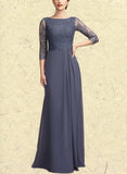 Marlene A-Line Scoop Neck Floor-Length Chiffon Lace Mother of the Bride Dress With Ruffle UKP0014917