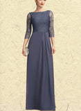 Marlene A-Line Scoop Neck Floor-Length Chiffon Lace Mother of the Bride Dress With Ruffle UKP0014917