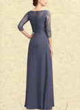 Marlene A-Line Scoop Neck Floor-Length Chiffon Lace Mother of the Bride Dress With Ruffle UKP0014917