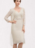 Madisyn Sheath/Column V-neck Knee-Length Chiffon Lace Mother of the Bride Dress With Bow(s) UKP0014924