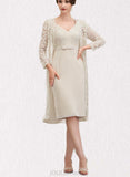 Madisyn Sheath/Column V-neck Knee-Length Chiffon Lace Mother of the Bride Dress With Bow(s) UKP0014924