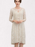 Madisyn Sheath/Column V-neck Knee-Length Chiffon Lace Mother of the Bride Dress With Bow(s) UKP0014924