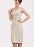 Madisyn Sheath/Column V-neck Knee-Length Chiffon Lace Mother of the Bride Dress With Bow(s) UKP0014924