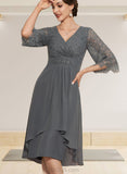 Sue Sheath/Column V-neck Knee-Length Chiffon Lace Mother of the Bride Dress With Beading Cascading Ruffles UKP0014930